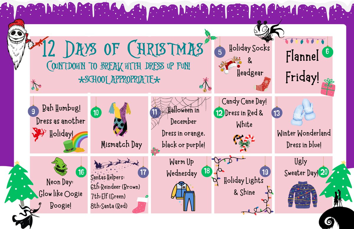 Holiday dress up days begin on Thursday this week! All students and staff  are invited to participate. All outfits must meet the dress code rules