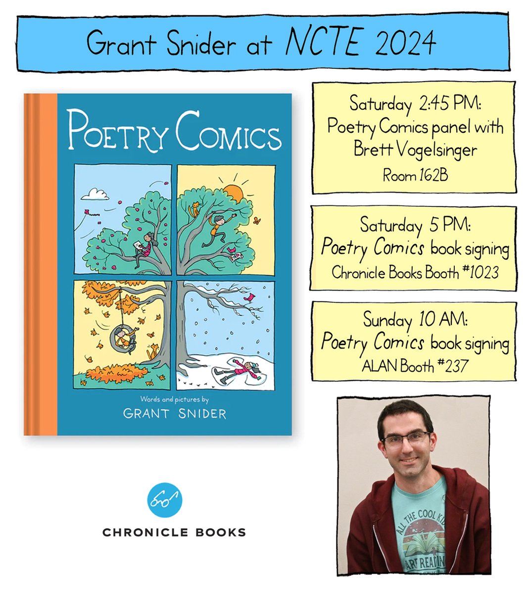 Grant Snider (@grantdraws) on Twitter photo I'll be at #NCTE24 this weekend talking with <a href="/theVogelman/">Brett Vogelsinger</a> and signing POETRY COMICS with <a href="/ChronicleKids/">Chronicle Kids</a>! I'll be at #NCTE24 this weekend talking with <a href="/theVogelman/">Brett Vogelsinger</a> and signing POETRY COMICS with <a href="/ChronicleKids/">Chronicle Kids</a>!