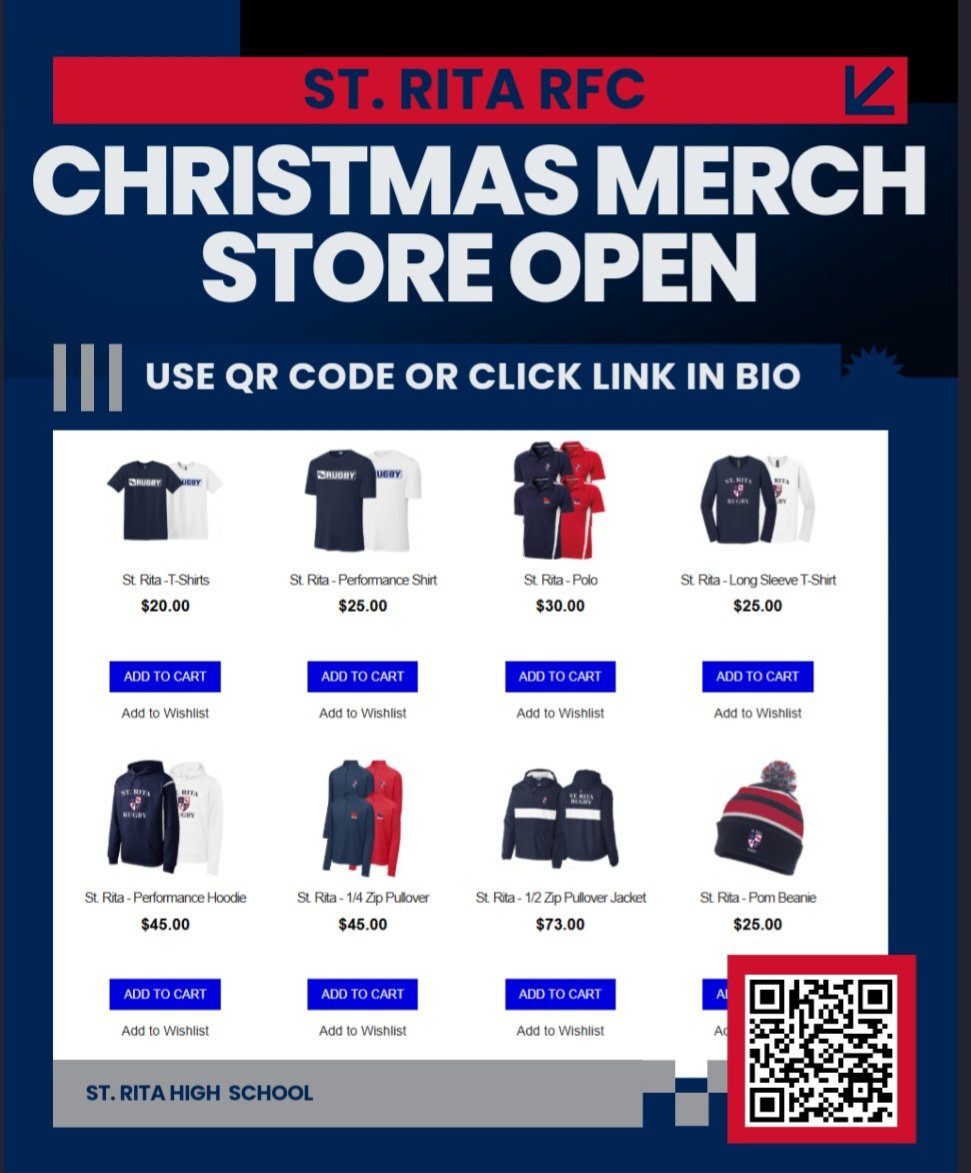 stritarfc's tweet photo. St. Rita Rugby Christmas Merch Store Open.
Closes 12/2 get those orders in!
Scan QR code or Click Link

https://t.co/eeekjidBTe https://t.co/iCMfxaiMTZ