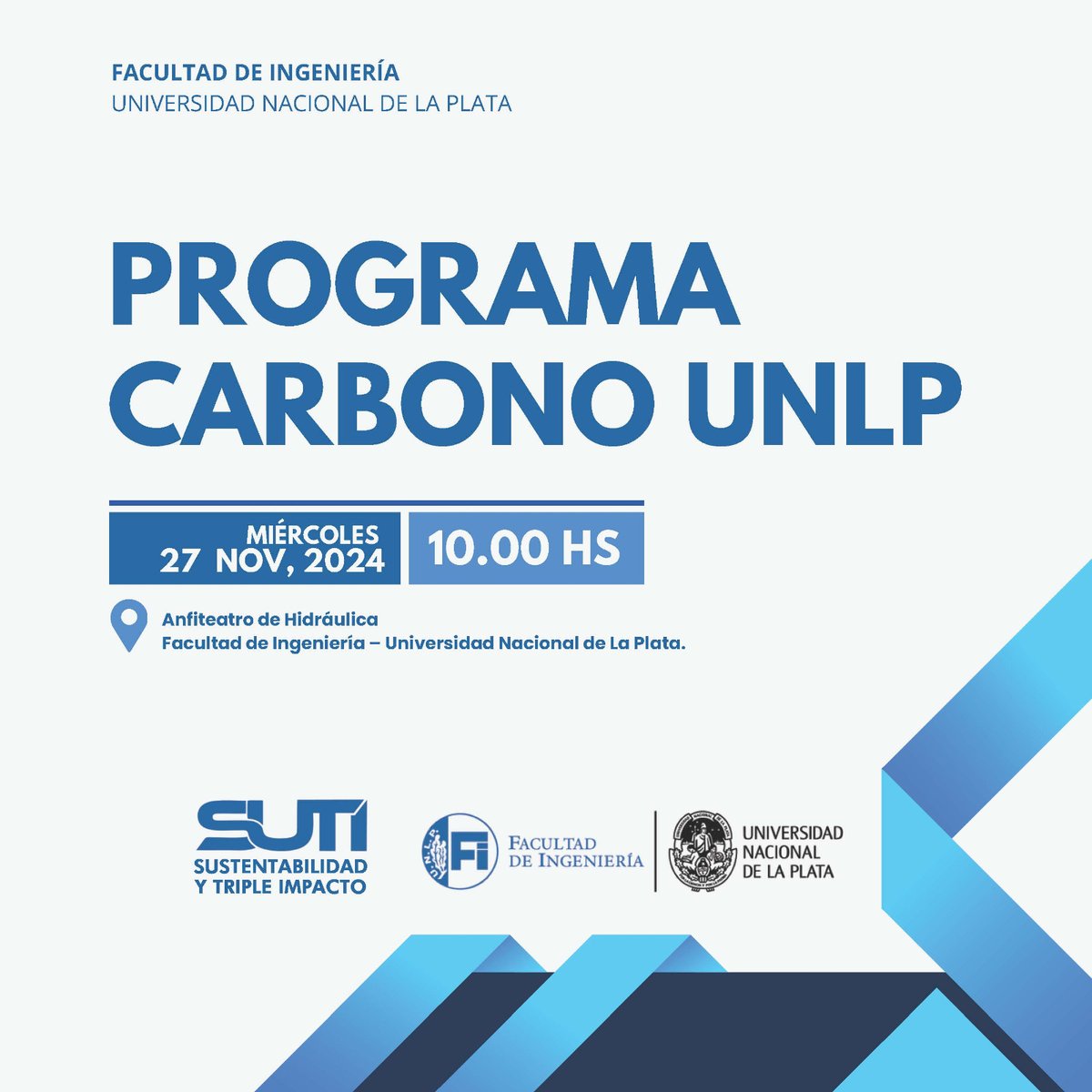 ing_unlp's tweet photo. La UNLP a través de la Facultad de Ingeniería, invita a la presentación del Programa Carbono UNLP - Participación de la UNLP en los mercados de carbono. Miércoles 27/11, 10 hs,  Anfiteatro de Hidráulica, calle 116 e/ 47 y 48.
Más información e inscripción: https://t.co/3aGRPcuCks https://t.co/Fkx98gQVV4
