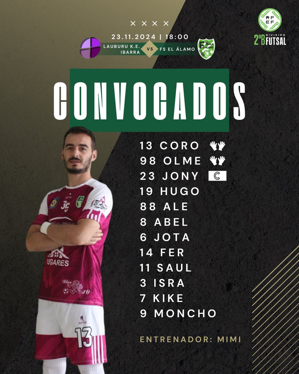 C O N V O C A D O S 💥 | Primer equipo 🎖️

🆚 Lauburu K. E. Ibarra
📆 23/11
⏰ 18:00 hrs.
🏟️ Pol. Belabieta