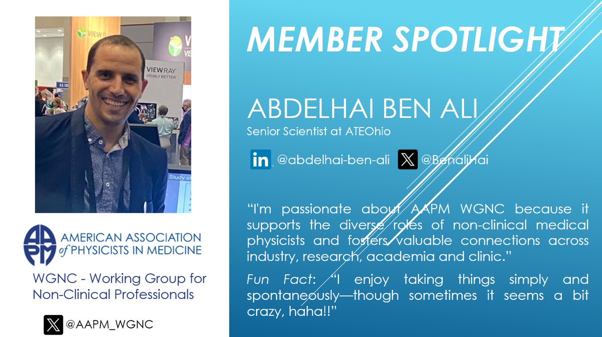AAPM_WGNC (@aapm_wgnc) on Twitter photo #MedPhysSpotlight Alert!!
Meet Abdelhai Ben Ali, Senior Scientist at ATEOhio and an active member of the <a href="/aapmHQ/">American Association of Physicists in Medicine</a> WGNCl! He loves that this group supports the diverse roles of non-clinical #medphys and fosters valuable connections across industry, research, academia and clinic! #MedPhysSpotlight Alert!!
Meet Abdelhai Ben Ali, Senior Scientist at ATEOhio and an active member of the <a href="/aapmHQ/">American Association of Physicists in Medicine</a> WGNCl! He loves that this group supports the diverse roles of non-clinical #medphys and fosters valuable connections across industry, research, academia and clinic!