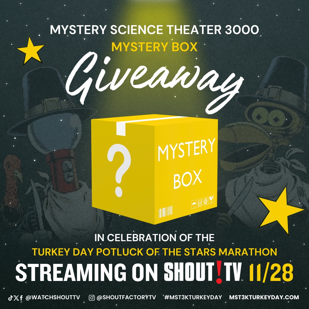 ComingSoon.net (@comingsoonnet) on Twitter photo #MST3K Mystery Box Giveaway
RT to Enter.
Tune in to <a href="/MST3K/">Mystery Science Theater 3000</a>'s Turkey Day Potluck of the Stars Marathon, streaming all day 11/28. Hosted by Jonah Ray, special guests include David Dastmalchian, Mike Flanagan, Bryan Fuller, Mark Hamill, Matthew Lillard, Kumail Nanjiani & more. #MST3K Mystery Box Giveaway
RT to Enter.
Tune in to <a href="/MST3K/">Mystery Science Theater 3000</a>'s Turkey Day Potluck of the Stars Marathon, streaming all day 11/28. Hosted by Jonah Ray, special guests include David Dastmalchian, Mike Flanagan, Bryan Fuller, Mark Hamill, Matthew Lillard, Kumail Nanjiani & more.