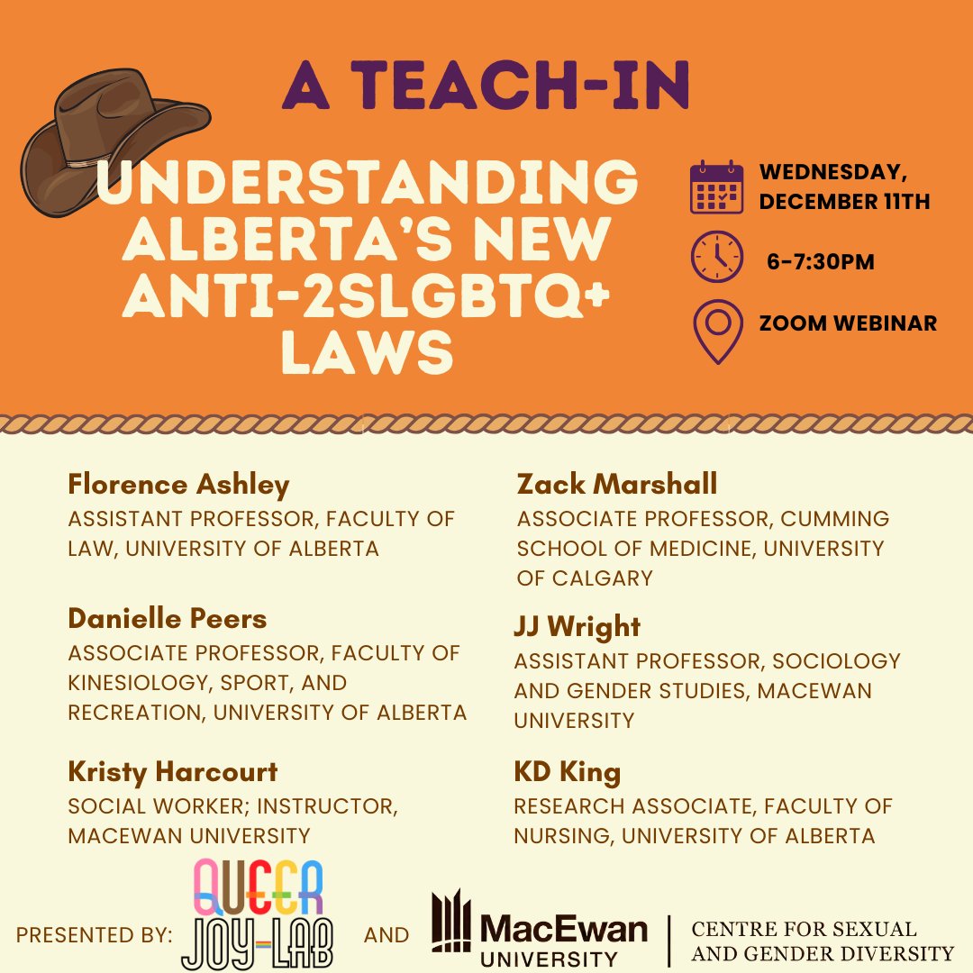 Hear from experts on the issues surrounding Alberta's new anti-2SLGBTQ+ laws on education, healthcare, and sport. Misinformation is fuelling support for these laws, and this teach-in will help dispel some of it. Please share the event widely! Register us02web.zoom.us/webinar/regist…