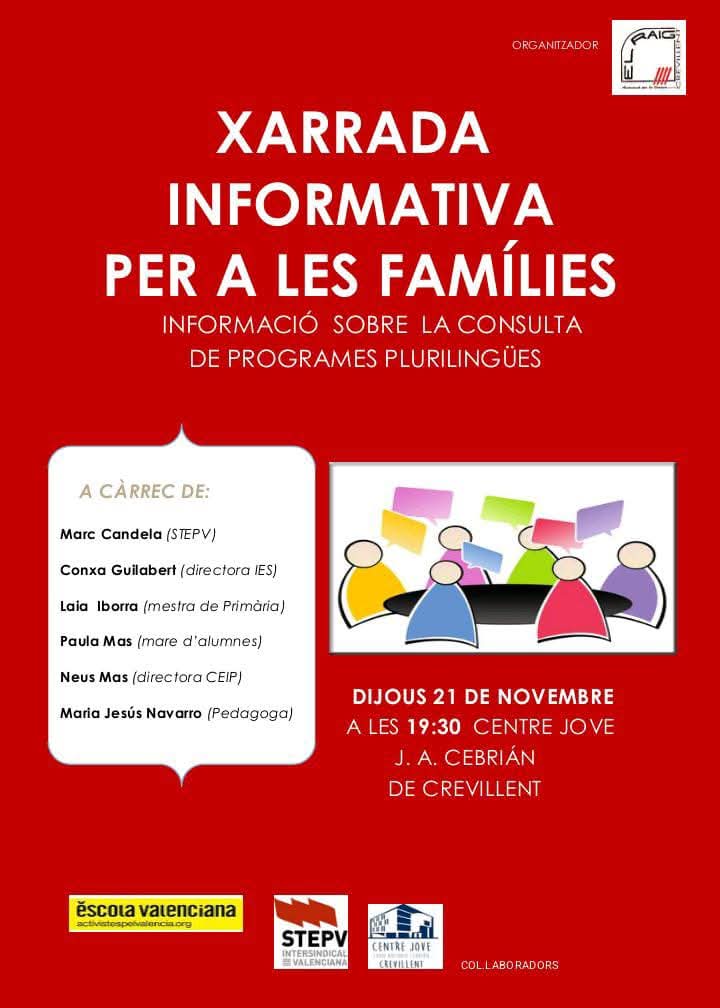 escolatv's tweet photo. "Només quan la llengua base és el valencià es garanteix l’aprenentatge efectiu de valencià i castellà, l'accés a terceres llengües i la cohesió social". 

Reunió a #Crevillent per a informar de la pròxima consulta pública a les famílies. Amb les companyes d'El Raig i @STEPV_Iv. https://t.co/8nuqNlK2Q3