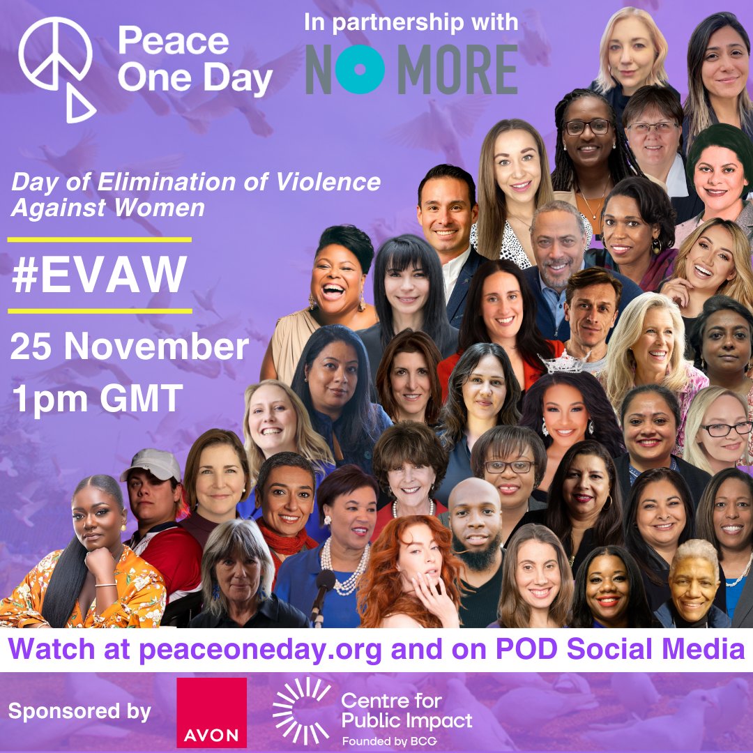 The #EVAW broadcast will start at 13:00pm GMT Monday 25th November.

Follow our social media for announcements and visit peaceoneday.org to watch the live broadcast and register for more info.

<a href="/NOMOREorg/">NO MORE</a> <a href="/Avon_UK/">Avon Cosmetics</a> <a href="/CPI_foundation/">Centre for Public Impact (CPI)</a>

#EVAW #16daysofactivism #16days
