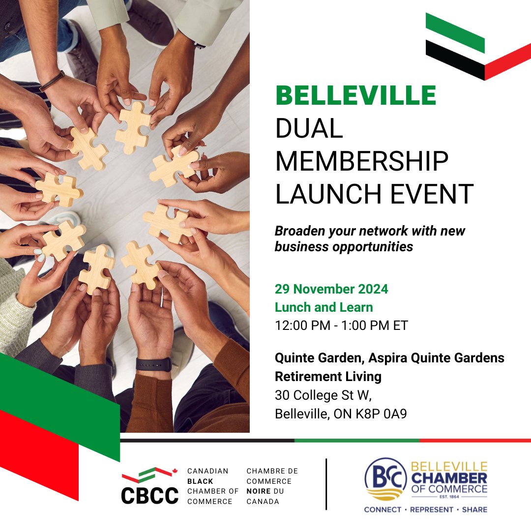CDNBlackChamber's tweet photo. 🎉 Join CBCC's Lunch &amp; Learn celebration!
We're partnering with @BellevilleChamber to expand support for Black businesses across Canada.

📅 Nov 29, 12-1:30PM
📍 Aspira Quinte Gardens
🍽️ Lunch included

Link in bio to register.

Don't miss this! #BlackBusiness #CBCC https://t.co/xR6QPLsPtr