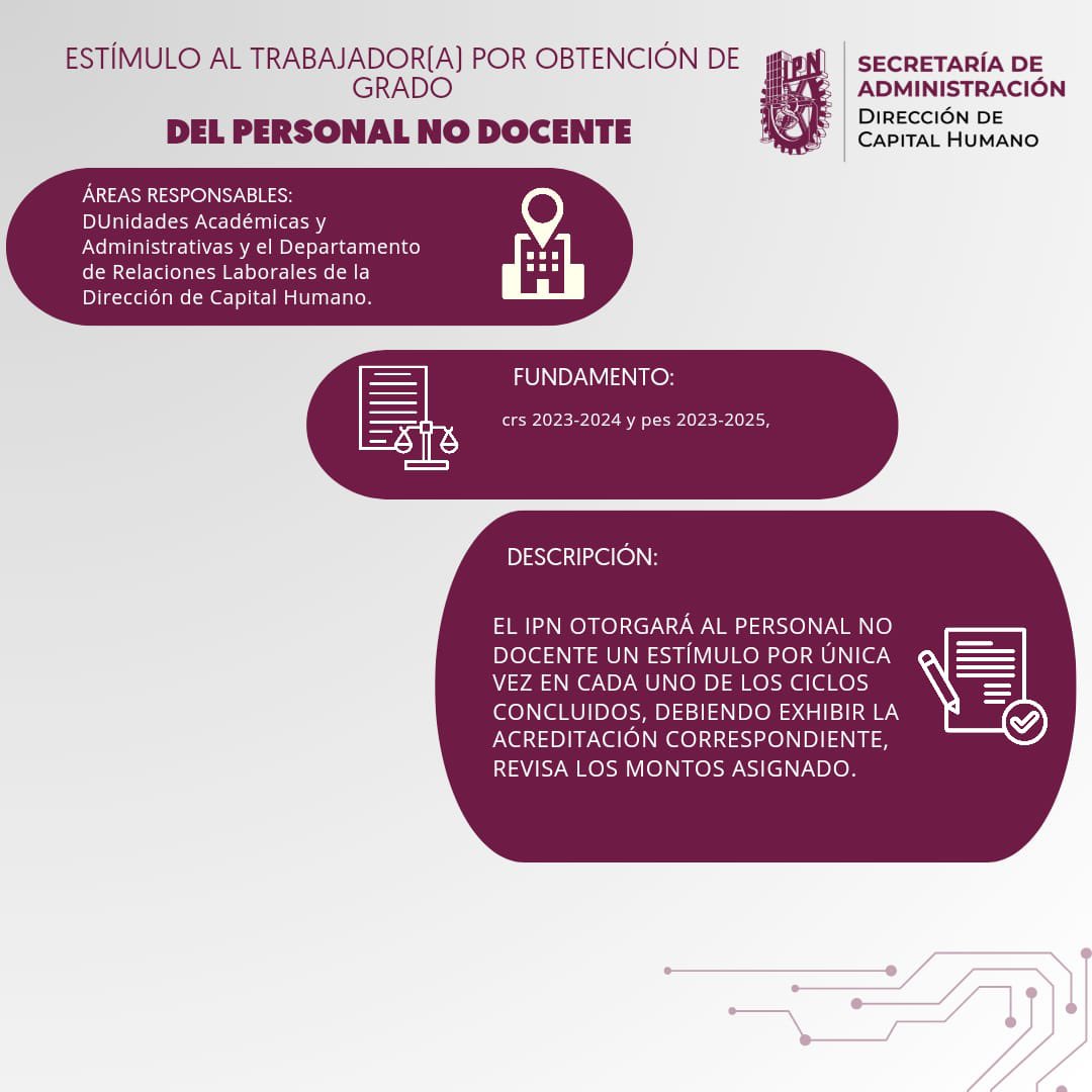 ipn_dch's tweet photo. 📚 ¡Atención Personal No Docente del Instituto Politécnico Nacional🎓
¿Obtuviste recientemente tu grado académico? ¡Tenemos una gran noticia! 🎉
💫
Acércate a Capital Humano para más información 👥
#guiaprestacionesipn #dchipn #PAAE https://t.co/5u9T8nWRRG