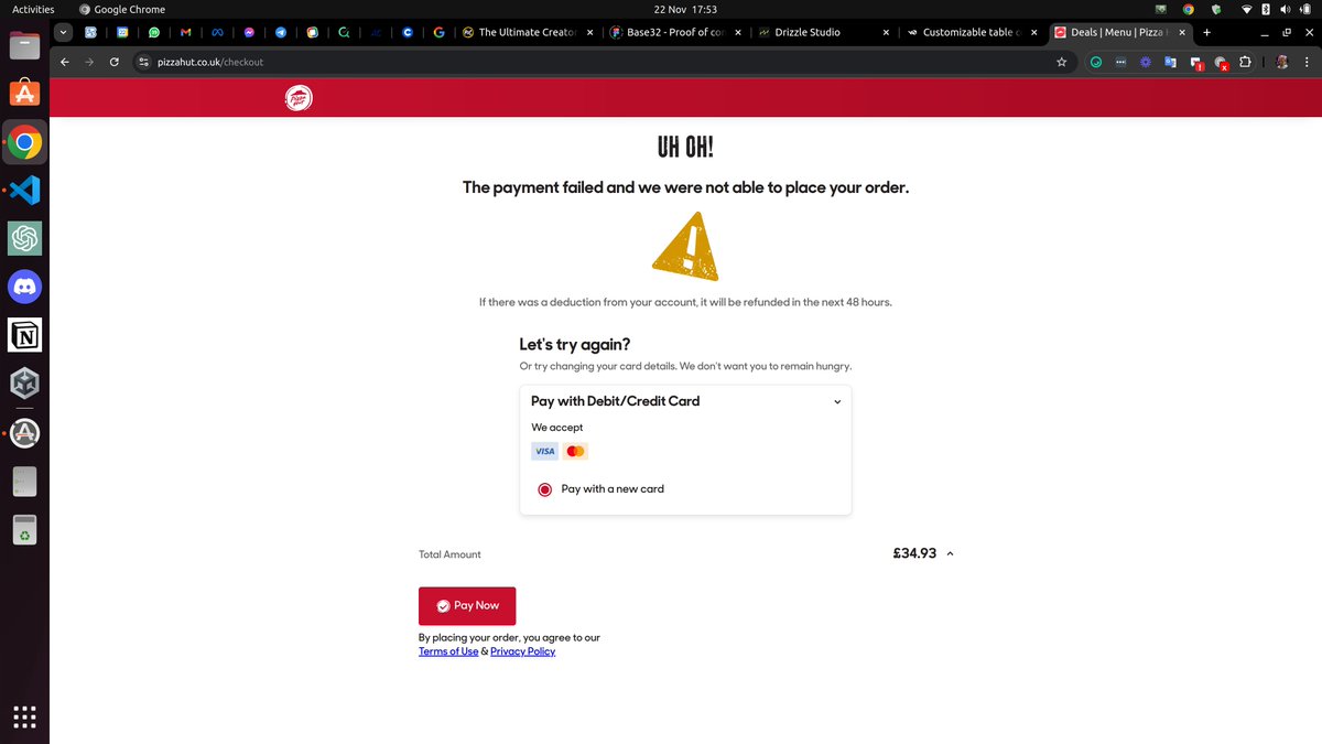 Godd4k's tweet photo. @pizzahutuk I have just tried online, same error 🤷‍♂️
I have phoned the store and been told it's an online only deal.. 
What's my play @pizzahutuk ? https://t.co/edBD8oT2zI