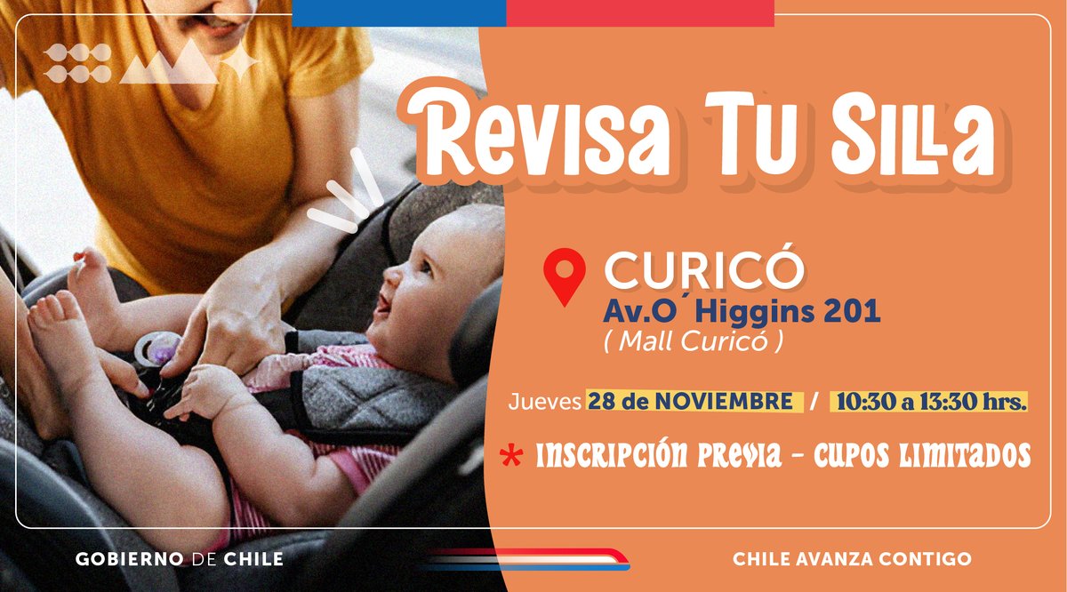 El jueves 28 de noviembre, estaremos en sector Boulevard del Mall Curicó, O’Higgins 201 #Curicó junto a <a href="/MTTMaule/">SeremiTT Región del Maule</a> , revisando que los Sistemas de Retención Infantil estén instalados correctamente en tu auto. Sólo debes inscribirte en el Link:         👉👉form.jotform.com/242684120301646