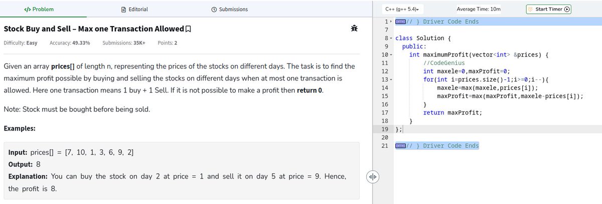devoted_techie's tweet image. 🚀 Day 7/80 of #geekstreak2024! 🎯
💡 Problem: Stock Buy and Sell – Max One Transaction Allowed
✅ Time: O(n)
✅ Space: O(1)
Streak continues! 💪
Tagging:
@GeeksforGeeks
#GFG160 #CodingChallenge
