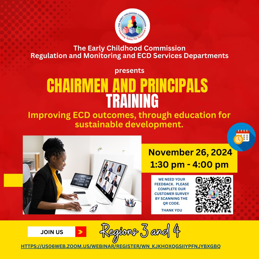 ECCJA's tweet image. 🌟REGISTER NOW - Board Chairmen &amp;amp; Principals Workshop🌟 

Regions 1 &amp;amp; 2 
us06web.zoom.us/j/83642444370?…

Regions 3 &amp;amp; 4  us06web.zoom.us/webinar/regist…

Regions 5 &amp;amp; 7
us06web.zoom.us/j/85263994083?…

Region 6 
us06web.zoom.us/j/89507286491?…

#ECDLeadership #SustainableEducation #ECCWorkshop #ECC