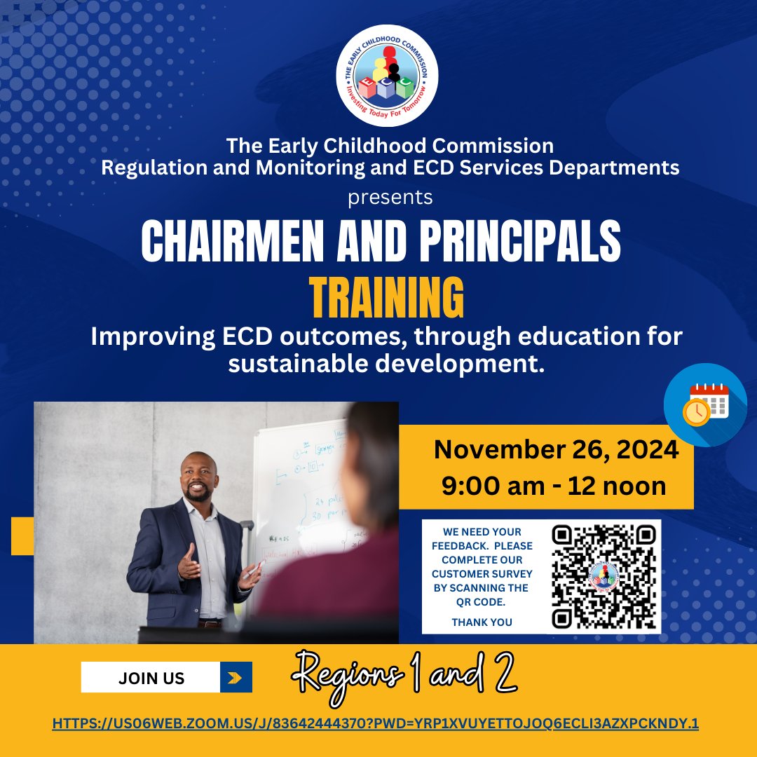 ECCJA's tweet image. 🌟REGISTER NOW - Board Chairmen &amp;amp; Principals Workshop🌟 

Regions 1 &amp;amp; 2 
us06web.zoom.us/j/83642444370?…

Regions 3 &amp;amp; 4  us06web.zoom.us/webinar/regist…

Regions 5 &amp;amp; 7
us06web.zoom.us/j/85263994083?…

Region 6 
us06web.zoom.us/j/89507286491?…

#ECDLeadership #SustainableEducation #ECCWorkshop #ECC