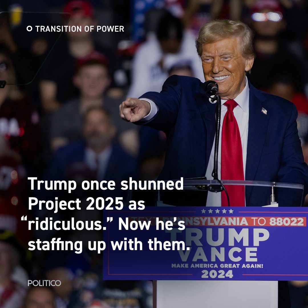 Donald Trump spent his presidential campaign running from Project 2025.  Now, its alums are slated to have key roles in his administration.👇 politi.co/48Yga57