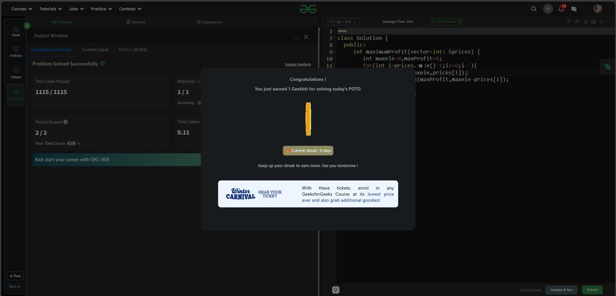 dhairyacodes's tweet photo. Hence we are on the same page
Completed 9-day streak
@geeksforgeeks
It's a part of #gfg160 and #geekstreak2024 challenge #CodingJourney #CodingChallenge #codingislife https://t.co/RMvrCdYCej