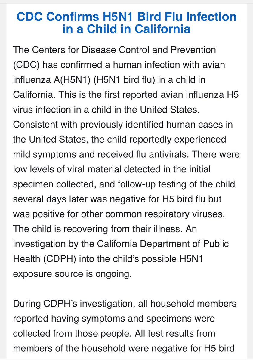 BNOFeed's tweet photo. CDC confirms child in California is infected with H5N1 bird flu. Source unknown. Household members tested negative https://t.co/2FbhzYx0F9