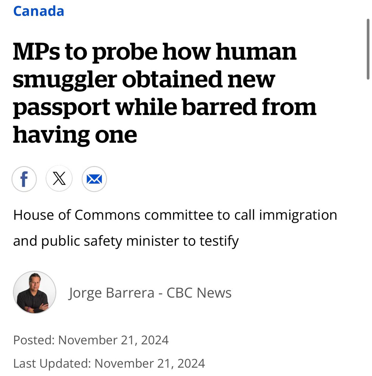 Conservative MPs on the Immigration Committee are forcing the NDP-Liberal Government to finally address tough questions by successfully passing a motion to investigate the alarming decision to issue a passport to a convicted human smuggler! 

cbc.ca/amp/1.7389801