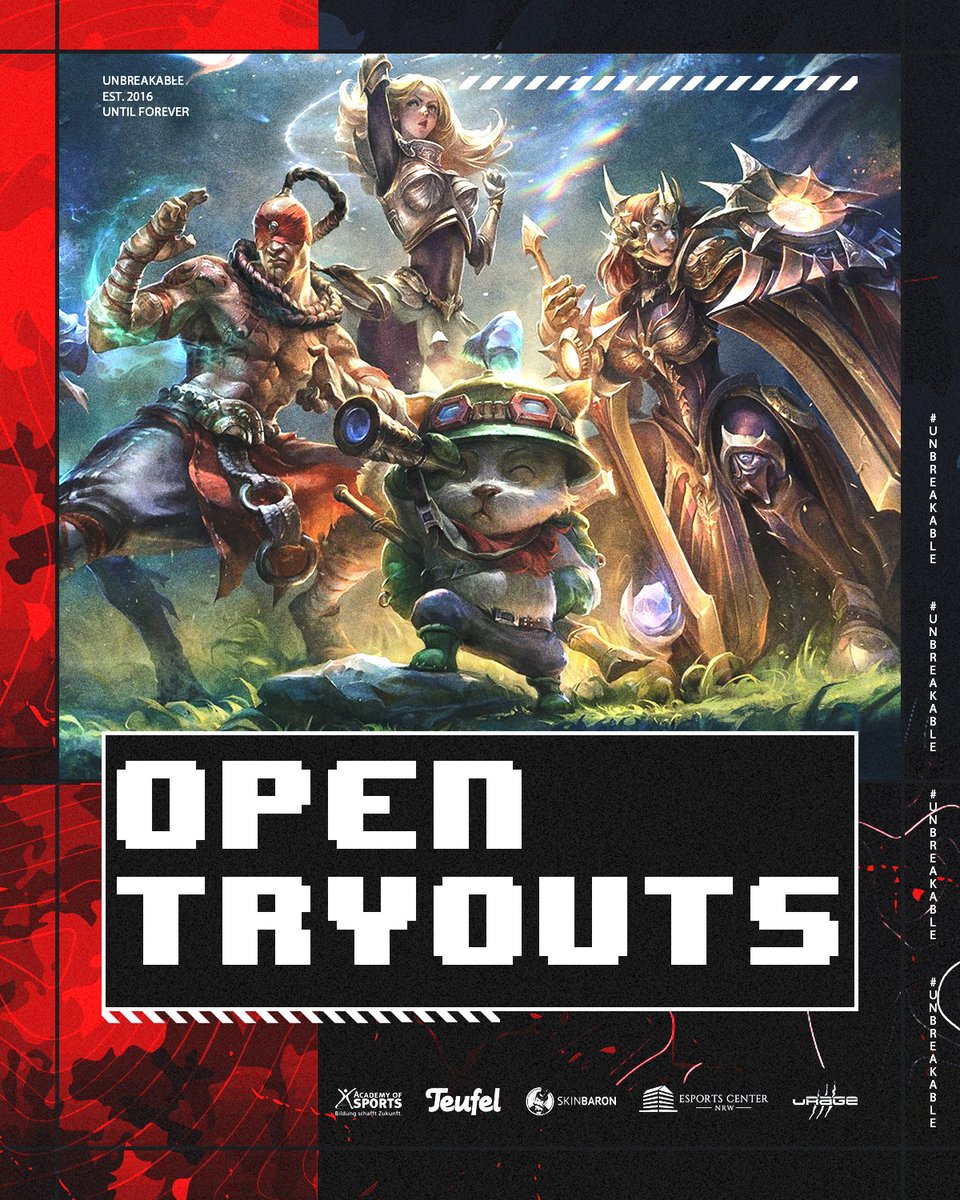 Ihr seid in der Kluft zuhause und habt Bock?
Wir starten unsere Open Tryouts und suchen Spieler + Coaching-Staff! 🎉 #LeagueOfLegends