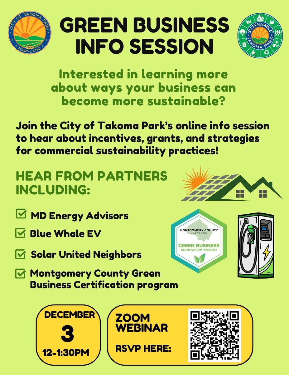 SustainableTKPK's tweet photo. Are you a business owner looking to put in #solar or #EV chargers? Join the City of Takoma Park for a Green Business Info Session! On December 3rd from 12-1:30pm, hear from partners including BlueWhale EV, Solar United Neighbors, &amp; more! Register here: https://t.co/OWGKkhkY9l https://t.co/gPb24mr7TN