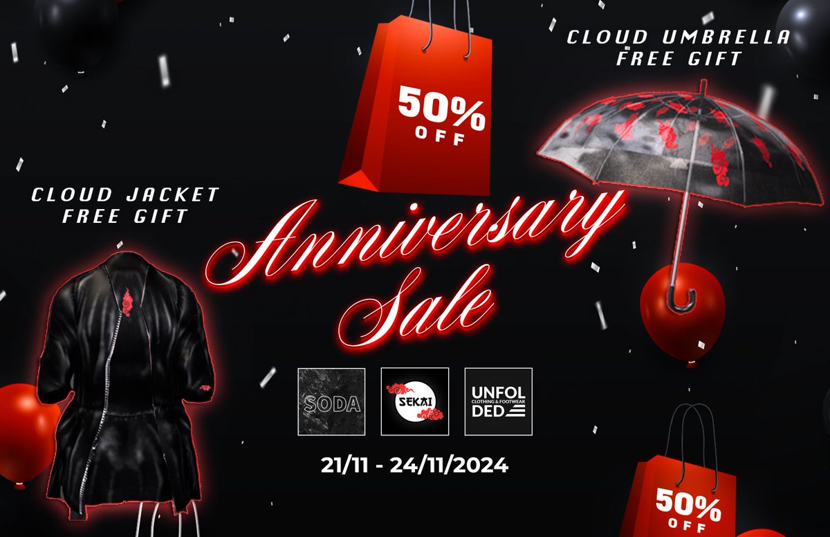 SEKAI_SL's tweet photo. ***ANNIVERSARY SALE**
SODA | SEKAI | UNFOLDED - 50% OFF

SEKAI - Cloud Jacket **ANNIVERSARY GIFT**
SEKAI - Cloud Umbrella **ANNIVERSARY GIFT**

TELEPORT: https://t.co/MZMmIiGcvb

Everything inside the mainstore is 50% Off!!! https://t.co/CUOEB2K6oy