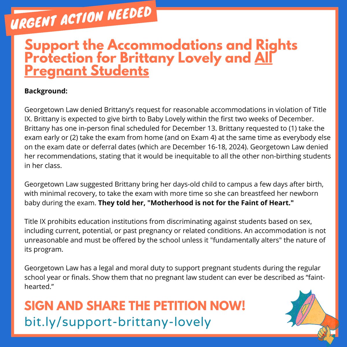 Hey everyone, 

My friend Brittany Lovely is currently a 2L at Georgetown Law and needs your help. Brittany requested an accommodation to take her in-person exam early or during the deferral period, or online at the same time as everyone, because she is expected to give BIRTH
