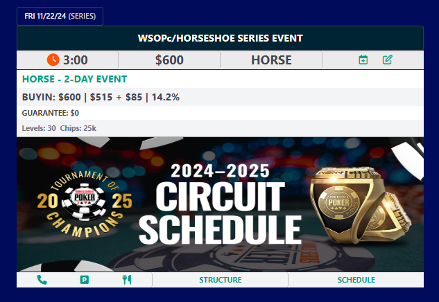ApacheAlpha_'s tweet image. WSOPc circuit event today @HorseshoeVegas  - $600 HORSE!  Have fun getting in &amp;amp; out!  #timingiseverything #lasvegas