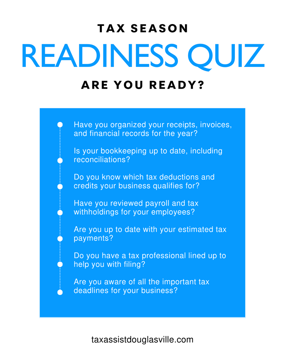 BLTAdvisors's tweet photo. How ready are you for tax season? Take this quick quiz and check your score:

6-7: You’re ready!
4-5: Almost there, just a bit more prep!
3 or less: Time to take action!

Need help? Let’s connect! 🤳: https://t.co/K5Co9zlK9U

#TaxSeason #TaxExpert https://t.co/vu0uL7Hh02