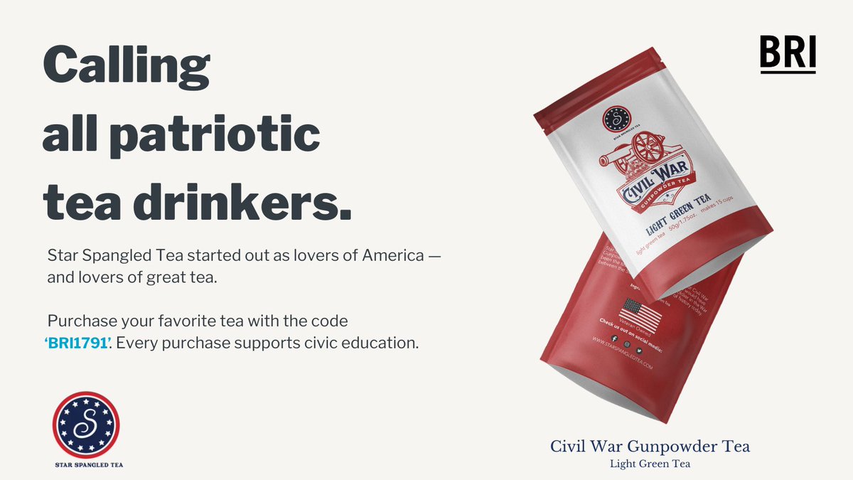 Bill of Rights Institute (@brinstitute) on Twitter photo The Bill of Rights Institute is proud to partner with Star Spangled Tea. <a href="/AmericasTeaTime/">Star Spangled Tea</a> offers signature American tea blends from a veteran-owned business. Interested in purchasing your favorite tea? Visit starspangledtea.com/shop/ and use code ‘BRI1791' at checkout. The Bill of Rights Institute is proud to partner with Star Spangled Tea. <a href="/AmericasTeaTime/">Star Spangled Tea</a> offers signature American tea blends from a veteran-owned business. Interested in purchasing your favorite tea? Visit starspangledtea.com/shop/ and use code ‘BRI1791' at checkout.
