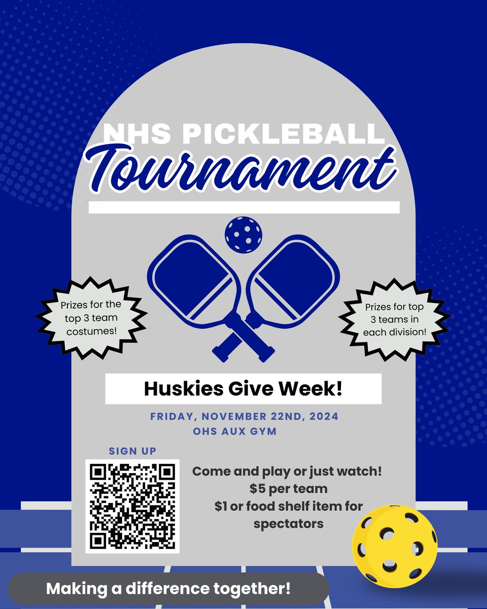🏓 NHS Pickleball Tournament Tonight! 🎭
🎁 Top 3 team costumes &amp; division winners get prizes!
💲 $5 per team | $1 or food shelf item for spectators
📍 OHS AUX Gym
Come play or watch as we make a difference during Huskies Give Week! 💙