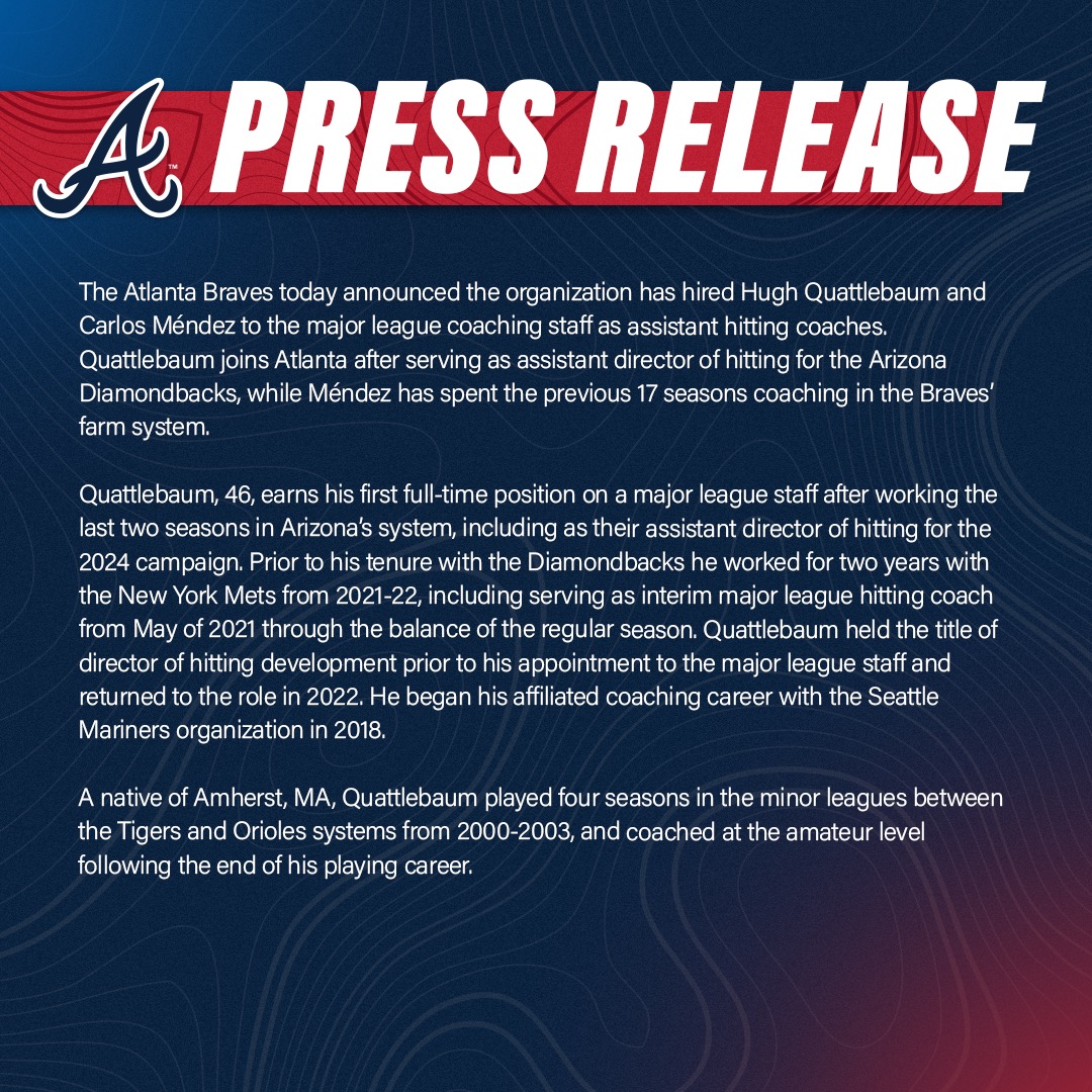Braves's tweet photo. The #Braves today announced the organization has hired Hugh Quattlebaum and Carlos Méndez to the major league coaching staff: https://t.co/ytZ390Y4Rv