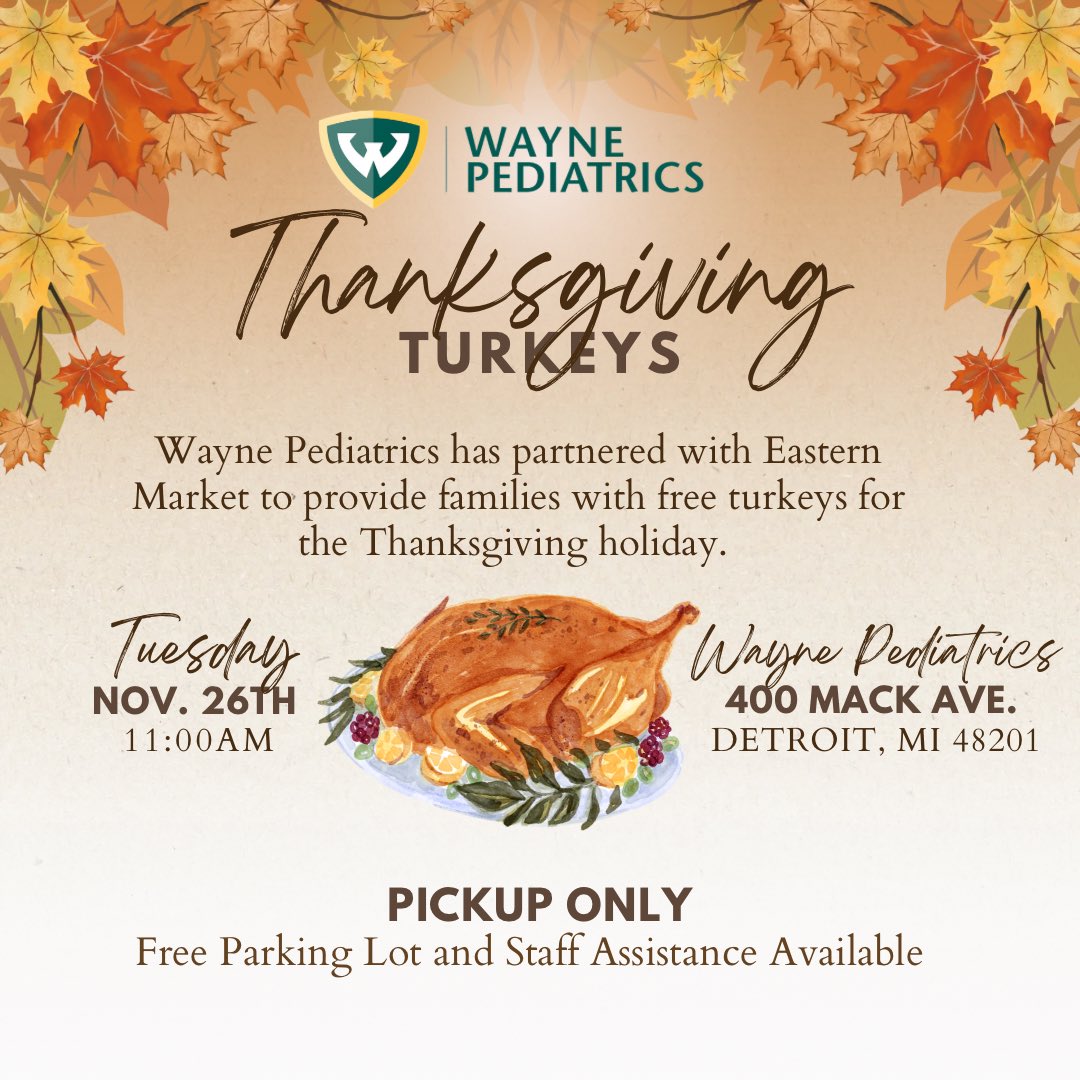 PediatricsWayne's tweet photo. Can you believe that Thanksgiving is around the corner? We’ve partnered with Eastern Market to help you get ready for your holiday dinner 👩‍🍳 On Tuesday November 26th, swing by our office to get your free turkey while supplies last 🍽️ https://t.co/0FEfyUWxn1