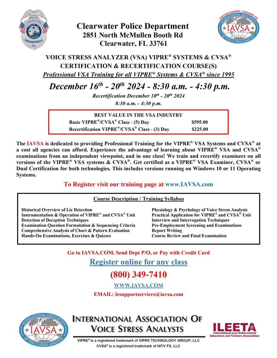 IAVSA1's tweet photo. The Clearwater Police Department, Clearwater, Florida will host a Voice Stress Analysis (VSA) Examiner's Basic and Recertification Course from 16 December through 20 December 2024.

Visit https://t.co/xsCADLG7B2 to learn more and to sign up for this training. https://t.co/2z5wDfzjy3