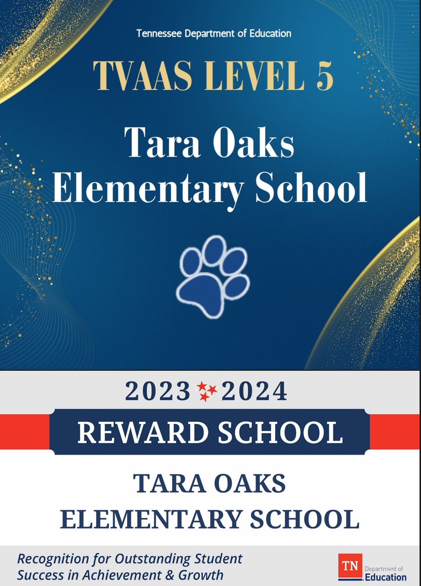 Tara Oaks is PROUD to announce that we have been named a Tennessee Reward School for the 2023-24 school year! Special thanks to the entire Tara O community for this honor. #TigerStrong 🐯