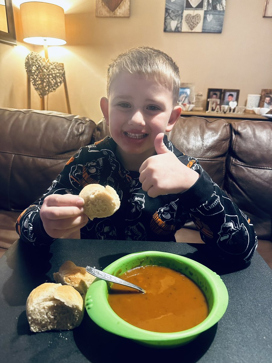stacyj2008's tweet photo. Theo’s been feeling a little under the weather, so making bread at school went well with his soup to help him feel better. 
He told me all about what he had to do to make the dough. 
(I did have a sneaky taste and it's amazing, well done Theo) 🥖 😃 
@TISElmClass
@TownvilleIS https://t.co/j26llpITlp