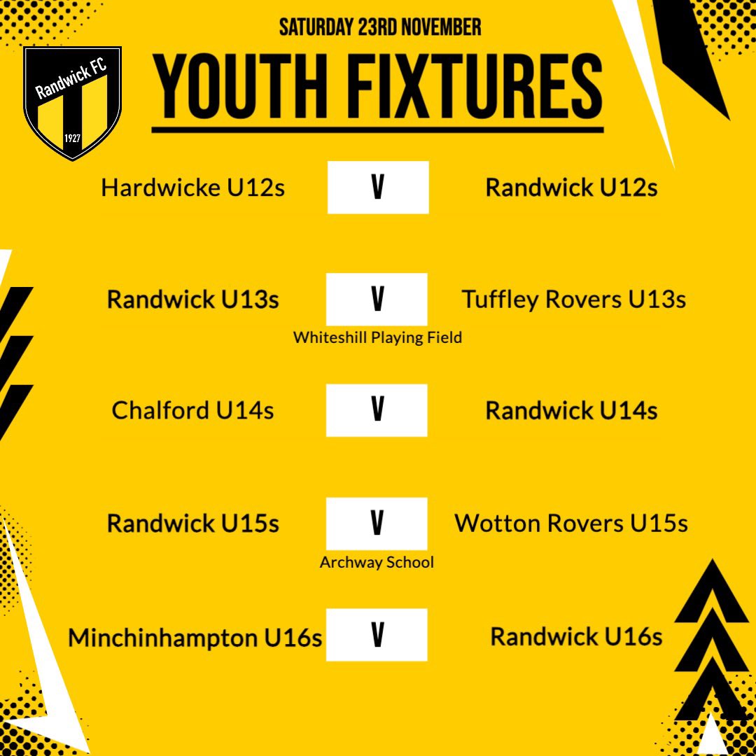 Randwick FC (@randwickfc) on Twitter photo Tomorrow’s Fixtures ⬇️🌧️
🟡Firsts visit <a href="/CamBulldogsFC/">Cam Bulldogs</a>
⚫️Reserves visit <a href="/PainswickFC/">Painswick FC</a> Reserves in the ‘Battle of the Wicks’
🟡U12s vs <a href="/HardwickeAFC/">Hardwicke AFC</a> (A)
⚫️U13s vs <a href="/TuffleyRoversFC/">Tuffley Rovers FC</a> (H)
🟡U14s vs <a href="/Chalford_AFC/">ChalfordAFC (C) 🏆</a> (A)
⚫️U15s vs Wotton Rovers (H)
🟡U16s vs <a href="/fcminch/">Minchinhampton FC</a> (A) Tomorrow’s Fixtures ⬇️🌧️
🟡Firsts visit <a href="/CamBulldogsFC/">Cam Bulldogs</a>
⚫️Reserves visit <a href="/PainswickFC/">Painswick FC</a> Reserves in the ‘Battle of the Wicks’
🟡U12s vs <a href="/HardwickeAFC/">Hardwicke AFC</a> (A)
⚫️U13s vs <a href="/TuffleyRoversFC/">Tuffley Rovers FC</a> (H)
🟡U14s vs <a href="/Chalford_AFC/">ChalfordAFC (C) 🏆</a> (A)
⚫️U15s vs Wotton Rovers (H)
🟡U16s vs <a href="/fcminch/">Minchinhampton FC</a> (A)