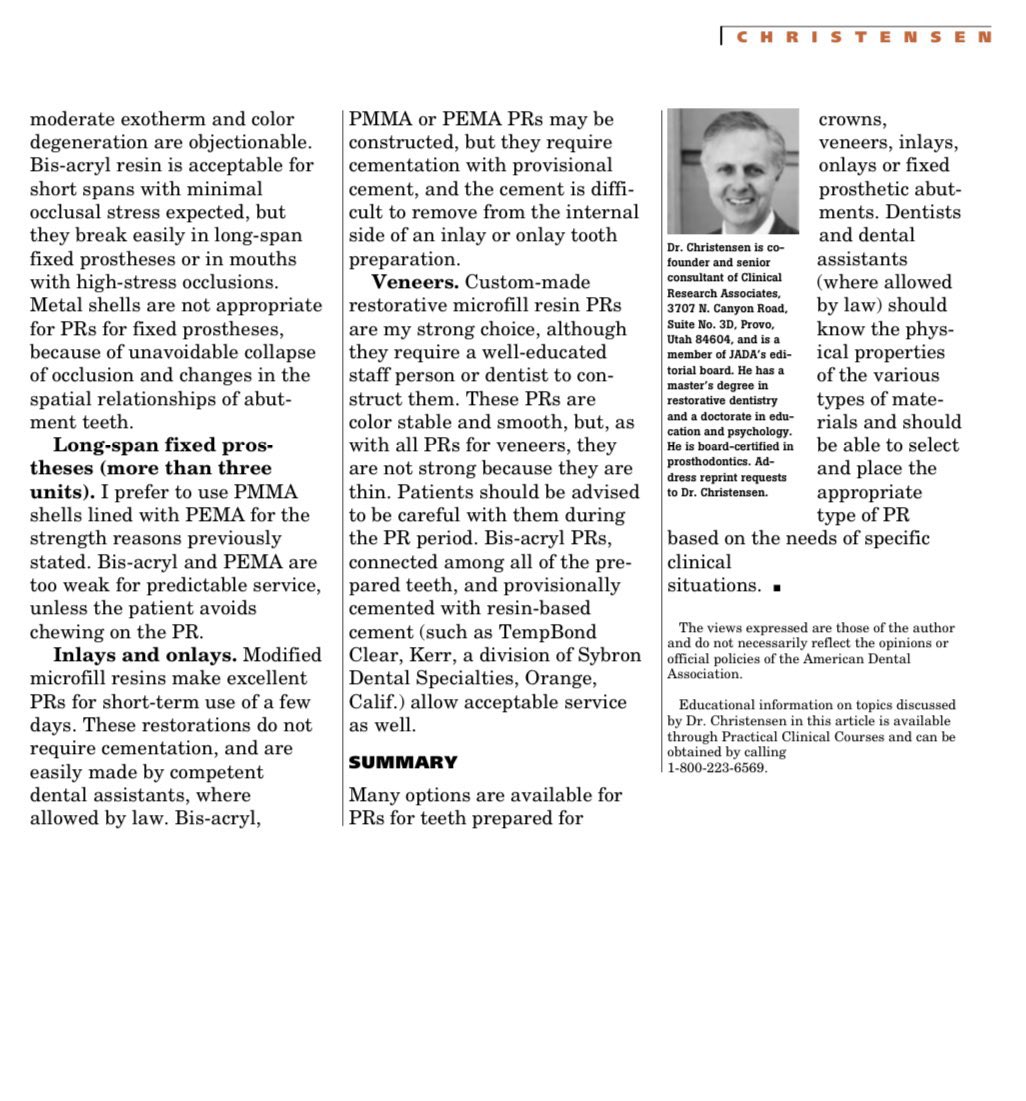 Provisional Material for crowns and FPD

كل ما تحتاج معرفته عن المواد اللي نستخدمها 
في العيادة للتلبيسات المؤقته في مقال من ثلاث صفحات فقط !

ما بتلاقي أحد مجمعها بهذا التبسيط 👍👍👍