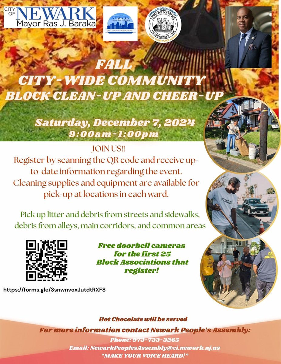 FALL CITY-WIDE COMMUNITY BLOCK CLEAN-UP AND CHEER-UP
Saturday, Dec 7, 2024 from 9am-1pm

Hosted by the Newark people's Assembly, we're keeping Newark Clean with our neighbors! Free doorbell cameras for the first 25 Block Associations to register

Register: forms.gle/3snwnvoxJutdtR…