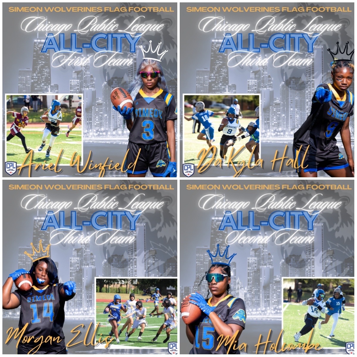 Simeon Girls Flag Football (@scaflagfootball) on Twitter photo Congrats to our players who made the <a href="/CPLAthletics/">Chicago Public League Athletics</a> All-City Team for #flagfootball ! In a highly competitive league & only in our 3rd season this is definitely something to be proud of! 💛💪🏾💙 <a href="/SimeonNation/">SimeonNation</a>
<a href="/da_kyla52150/">Da’Kyla Hall</a> <a href="/AriiellWinfield/">Ariel Winfield</a> <a href="/MorganC_E/">Morgan Ellis</a> <a href="/Silva321FUTP60/">Gustavo Silva</a> Congrats to our players who made the <a href="/CPLAthletics/">Chicago Public League Athletics</a> All-City Team for #flagfootball ! In a highly competitive league & only in our 3rd season this is definitely something to be proud of! 💛💪🏾💙 <a href="/SimeonNation/">SimeonNation</a>
<a href="/da_kyla52150/">Da’Kyla Hall</a> <a href="/AriiellWinfield/">Ariel Winfield</a> <a href="/MorganC_E/">Morgan Ellis</a> <a href="/Silva321FUTP60/">Gustavo Silva</a>