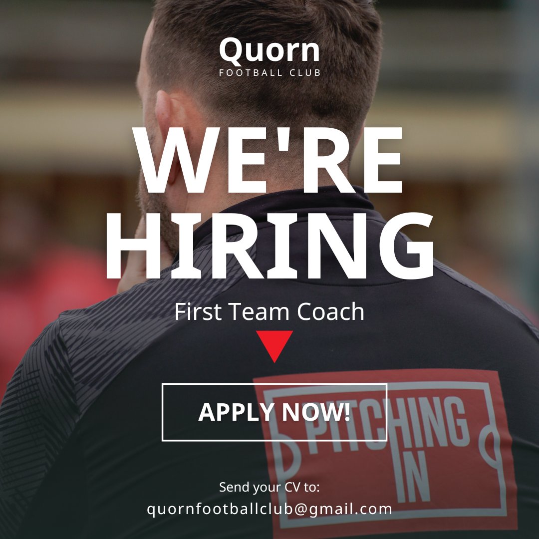 (C) Quorn Football Club (@quornafc) on Twitter photo We're inviting applications for an experienced coach to join our first team. We currently compete in the NPL at step 4, with ambitions to play higher. We train twice a week & play home games on the 3G at The Stotto Stadium. Please email your CV to quornfootballclub@gmail.com. We're inviting applications for an experienced coach to join our first team. We currently compete in the NPL at step 4, with ambitions to play higher. We train twice a week & play home games on the 3G at The Stotto Stadium. Please email your CV to quornfootballclub@gmail.com.