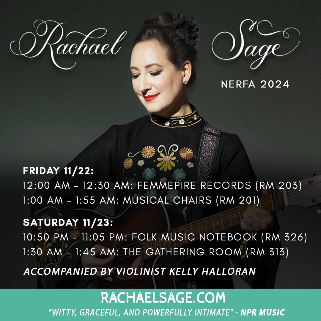 I'm at #NERFA today!! 😊🎶 I'll be accompanied by the fabulous Kelly Halloran on violin &amp; we can't wait to serenade y'all. Here is my full showcase schedule for the next two days - more info at rachaelsage.com/shows