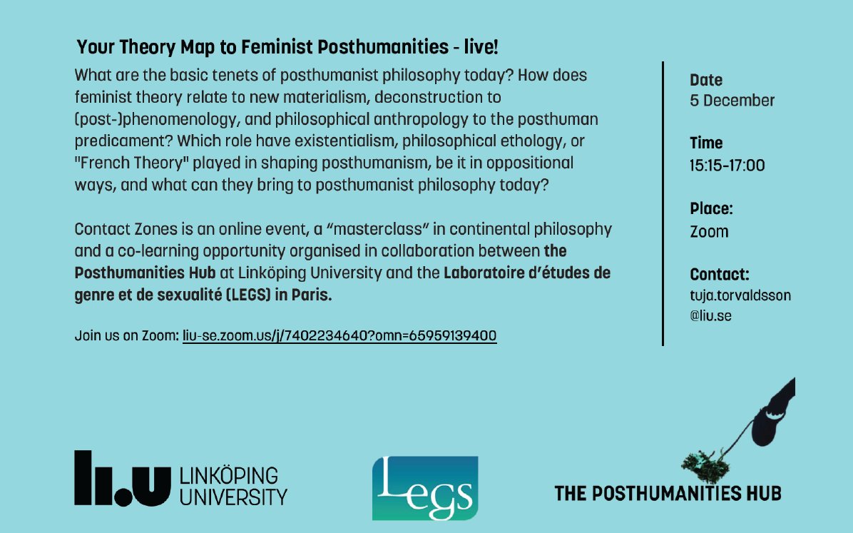 A bit of extra promo for the co-organized <a href="/PosthumanitiesH/">The Posthumanities Hub</a> &amp; <a href="/ombre_tarragnat/">ombre tarragnat (they/them)</a> "Contact Zones" digital event on December 5. I'll be in stellar philosophical company (🤩) - and am especially looking forward to the talks by Ombre, Rosi Braidotti &amp; <a href="/cdaigle123/">Dr. Christine Daigle</a>! #posthuman #philosophy