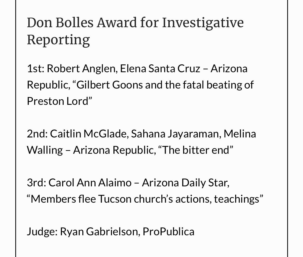 Elena (@ecsantacruz3) on Twitter photo Honored to share with <a href="/robertanglen/">Robert Anglen</a> the Don Bolles Award for Investigative Reporting from <a href="/AZPressClub/">Arizona Press Club</a> for our reporting on the “Gilbert Goons.” We listened to East Valley residents who said the killing of Preston Lord was linked to a pattern of unchecked teen violence. Honored to share with <a href="/robertanglen/">Robert Anglen</a> the Don Bolles Award for Investigative Reporting from <a href="/AZPressClub/">Arizona Press Club</a> for our reporting on the “Gilbert Goons.” We listened to East Valley residents who said the killing of Preston Lord was linked to a pattern of unchecked teen violence.