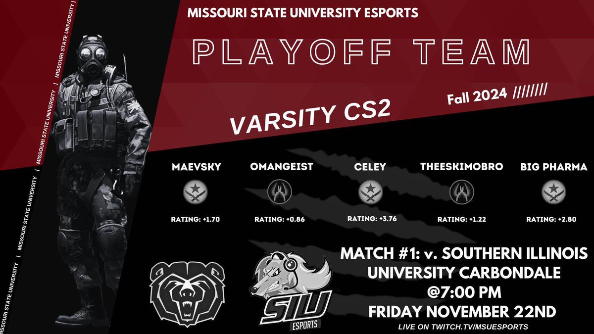 Another day, another match for our bears! Catch the CS2 match against SIU at 7pm tonight on our twitch!