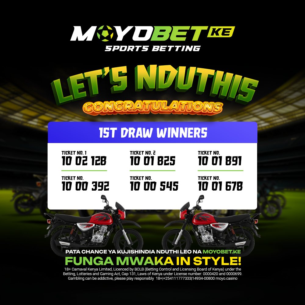 MoyoBetKE's tweet photo. 6 Winners wameshinda Nduthi zao.๐ฅณ๐ฅณ
Wewe pia unaweza jishindia moja. Hii ilikuwa 1st draw. Promotion ends on 20th Dec.
Anza leo na https://t.co/Z7HvmjZQ2f ushinde. Let's Nduthis.
T&Cs Apply ๐ Bet Responsibly
#moyobetke #shindanamoyobet #Letsnduthis #nduthinamoyobetke #bet https://t.co/mSvpeGOyPX