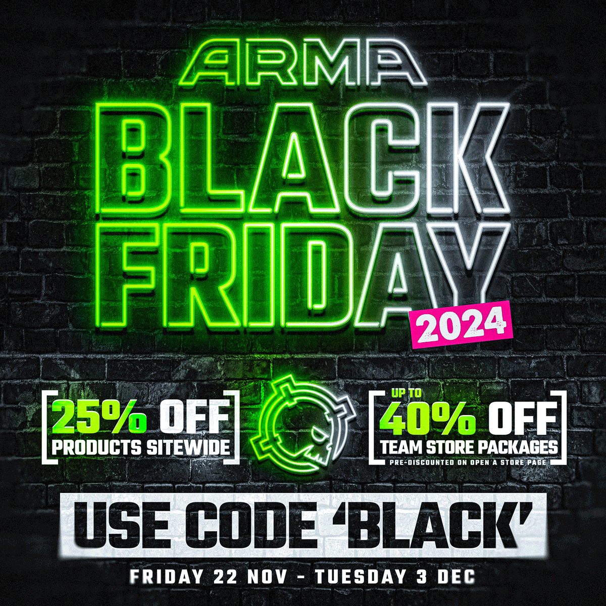🚨ARMA BLACK FRIDAY SALE NOW LIVE 🚨

• 25% OFF All Products Sitewide 
• UP TO 40% OFF Team Store Packages: arma.gg/pages/open-a-s…

Use code BLACK until 3rd Dec!