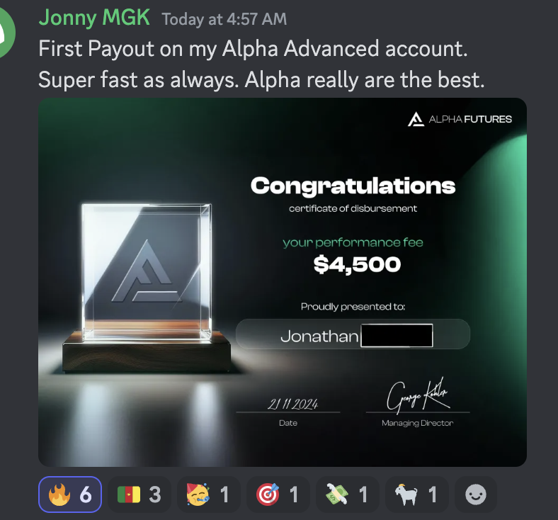 Alpha_Futures_'s tweet photo. A nice Friday for Jonny! 
+$4,500 from his new Advanced Account. 

- no consistency on Qualified
- no news rule
- no scaling rule
- no withdrawal threshold

Check out what he has to say about his experience so far! 

96% of our traders give us a 5⭐️rating. 
Will you be next?