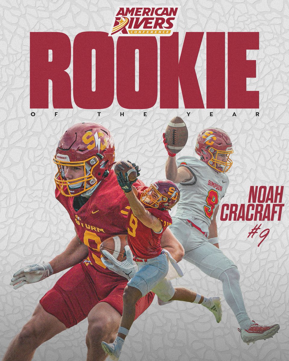 Simpson Storm Sports (@stormsports) on Twitter photo 𝑹𝑶𝑶𝑲𝑰𝑬 𝑶𝑭 𝑻𝑯𝑬 𝒀𝑬𝑨𝑹
Congrats to <a href="/scstormfootball/">Simpson Football ⚡️</a>'s Noah Cracraft on being named the inaugural <a href="/AmerRiversConf/">American Rivers Conference (A-R-C)</a> Rookie of the Year!
📰 linktr.ee/simpsonfootball
#rollriversFB #d3fb 𝑹𝑶𝑶𝑲𝑰𝑬 𝑶𝑭 𝑻𝑯𝑬 𝒀𝑬𝑨𝑹
Congrats to <a href="/scstormfootball/">Simpson Football ⚡️</a>'s Noah Cracraft on being named the inaugural <a href="/AmerRiversConf/">American Rivers Conference (A-R-C)</a> Rookie of the Year!
📰 linktr.ee/simpsonfootball
#rollriversFB #d3fb