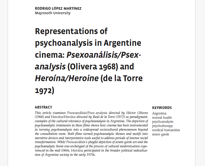 Just published in <a href="/StudiesinSLAC/">Studies in Spanish & Latin American Cinemas</a>! My new article about psychoanalysis and cinema in Argentina, exploring what the therapy session has to tell us about the middle-class subject and its ambivalent stance toward social change: doi.org/10.1386/slac_0…