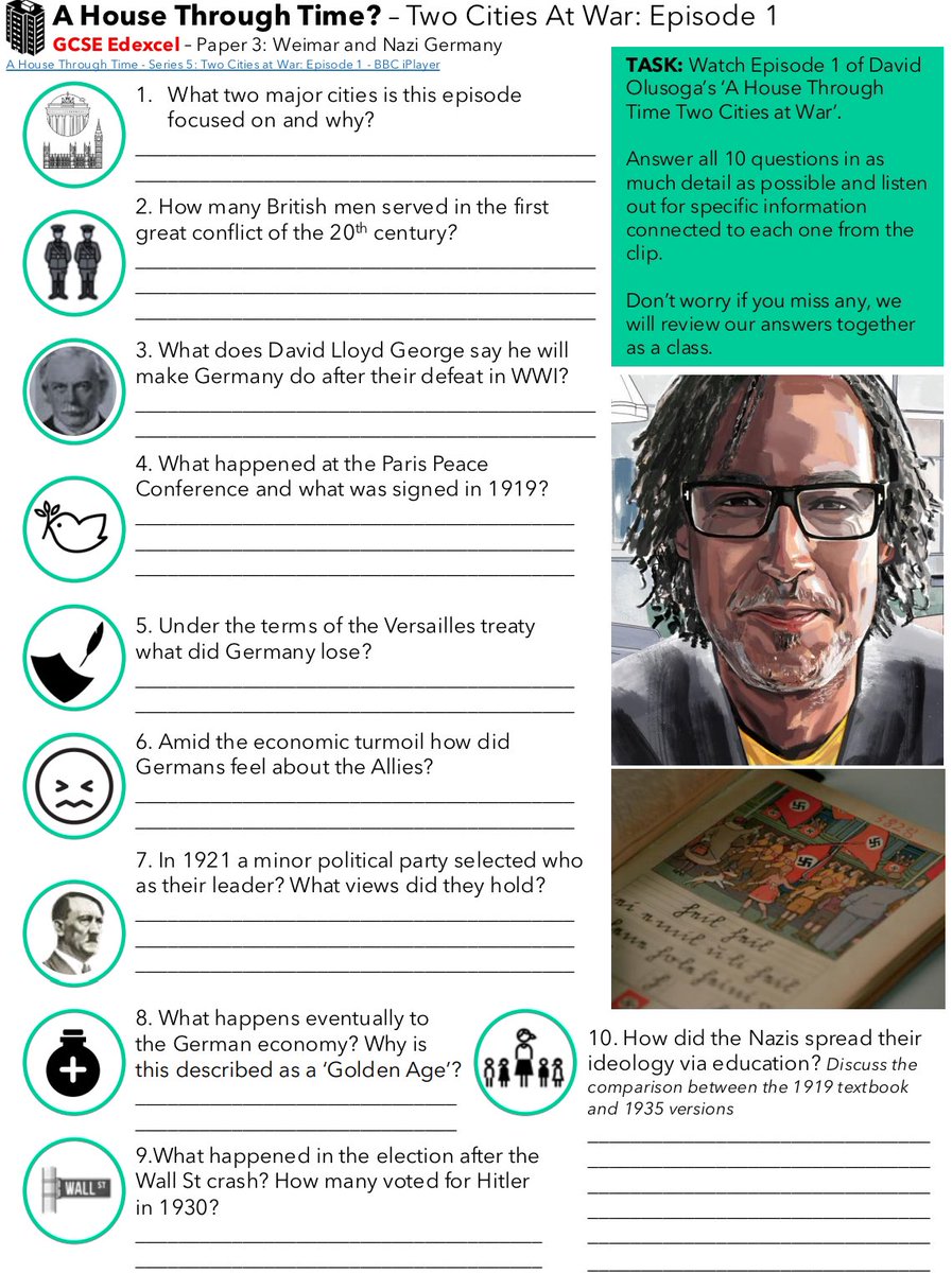 Finished this week with a ‘Clip Sheet’ for <a href="/DavidOlusoga/">David Olusoga</a> ‘A House Through Time Two Cities at War’. The series is perfect for Paper 3 Weimar/Nazi Germany, with Episode 1 giving great content snippets. The 1935 textbook is a stand out example of Nazi indoctrination. #historyteacher