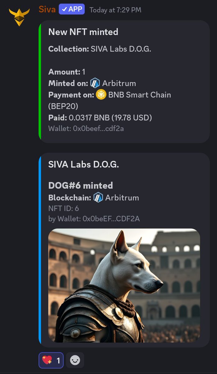 Mint is Live🔥🔥

Go mint some D•O•G NFT from <a href="/siva_labs/">SIVA Labs</a> 

The first NFT minted directly in the @Discord .... made possible by <a href="/siva_labs/">SIVA Labs</a> 🔥🔥 on <a href="/arbitrum/">Arbitrum</a> Great innovation.

Mint link: siva.gg/join
Mint price: $20

#NFTs #Web3 #Discord #Arbitruim